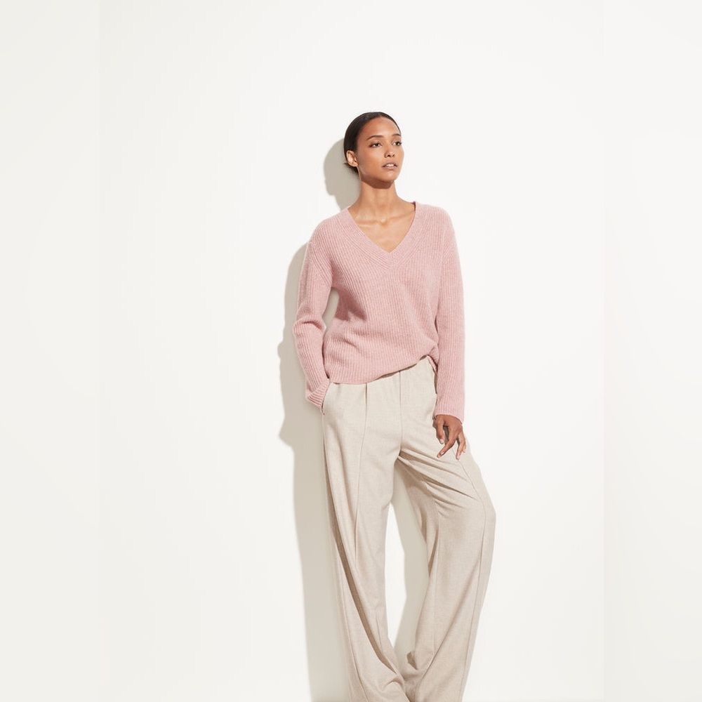NWT $395 Vince Shaker Cashmere Rib V Neck Pullover in Heather Mauve